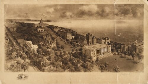 Illustration: Aerial view of Bascom Hill, Lake Mendota, and the State Historical Society