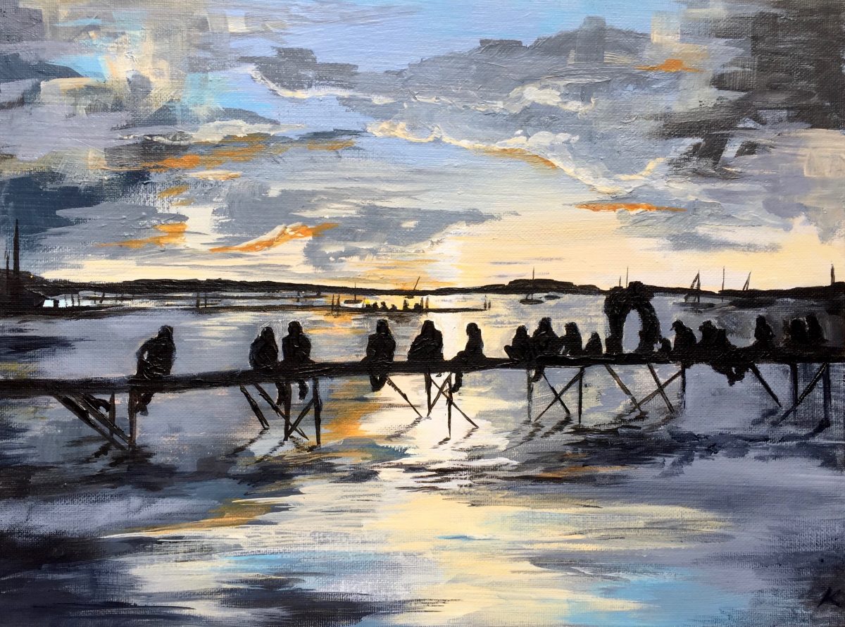 Painting: People sitting on pier at dusk