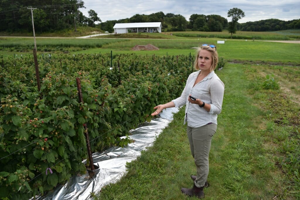 Photo: Hanna gesturing at mulch next to plants