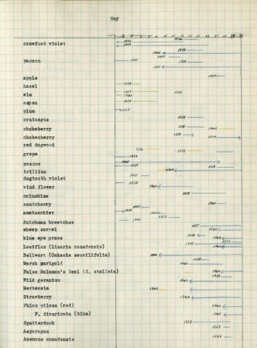 Photo: A page from Aldo Leopold's notebooks has the dates various flower types flowered.