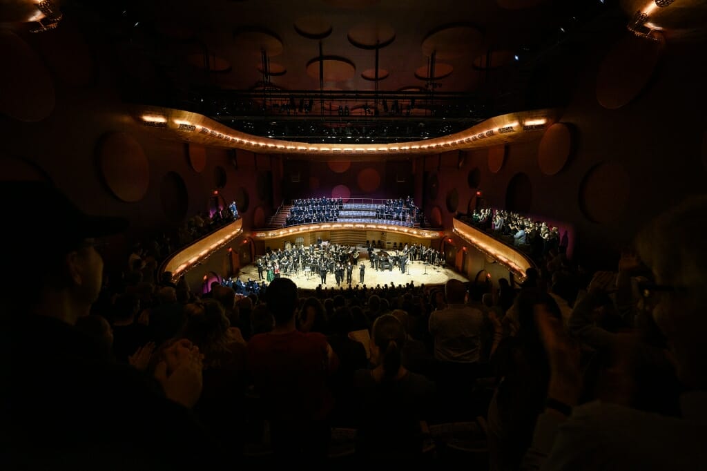 Photo: View from above behind audience toward stage