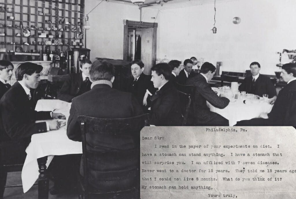 Photo: Men sitting around tables, with inset of letter from person inquiring about their stomach's ability to "hold anything"