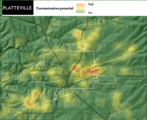 Map of Southwest Wisconsin, mostly green but with yellow and red spots where lead contamination is highest.