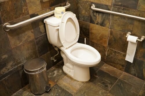 Photo: A toilet in a tiled restroom