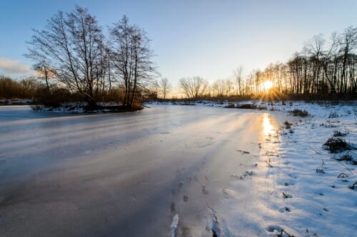 Photo: The sun is reflected off the ice surface of a pond in winter.