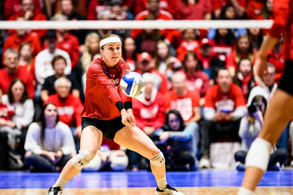 Photo: Wisconsin libero Tiffany Clark (17) digs the ball.