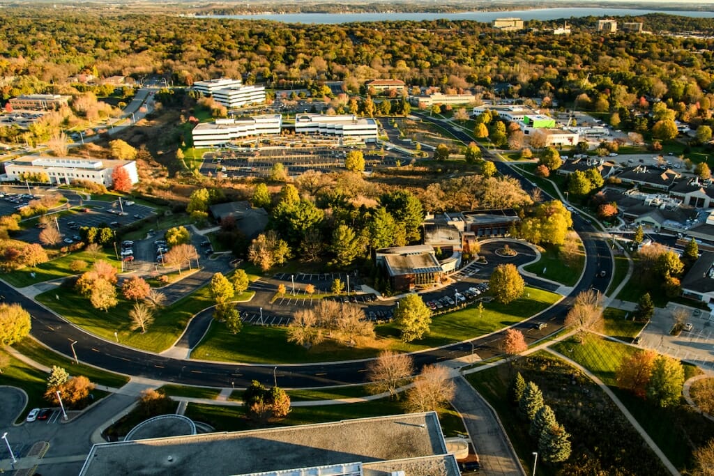 Photo: An aerial view of the research park's buildings on a sunny summer day.