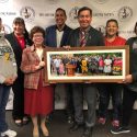 Photo: Chancellor Rebecca Blank presenting picture of marker ceremony to Ho-Chunk leaders