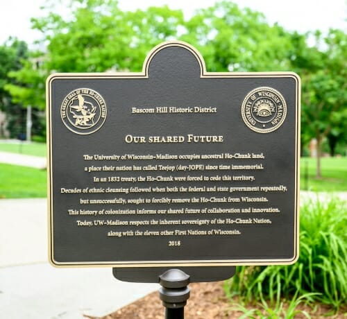 Photo: Closeup of plaque telling how Ho-Chunk were removed from ancestral land and recognizing sovereignty of Ho-Chunk nation