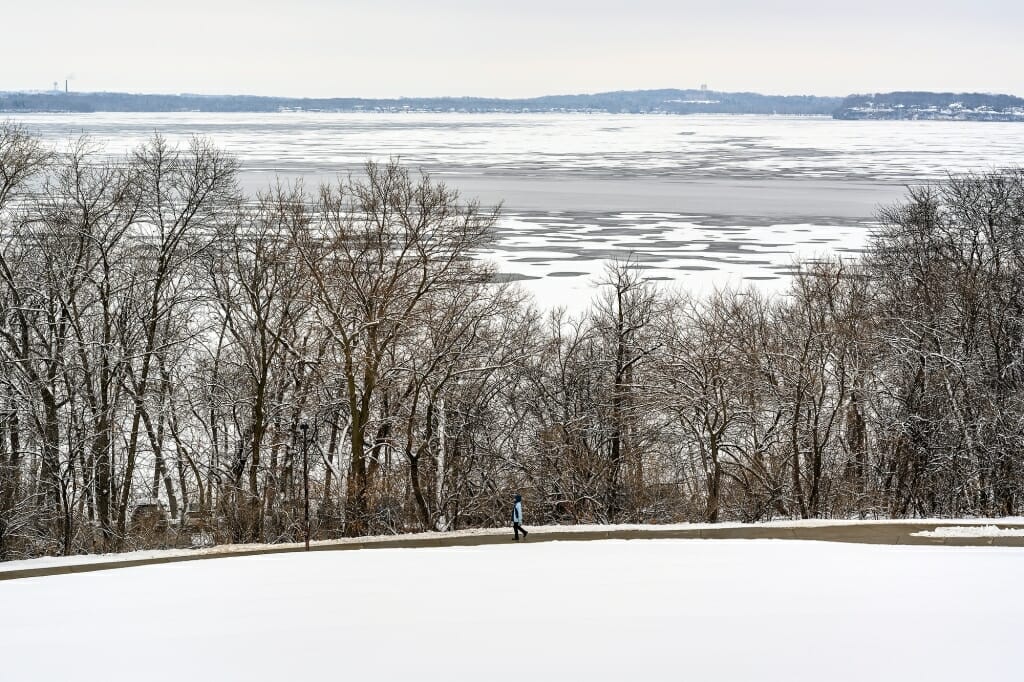 Photo: View from a hilltop of Lake Mendota partly frozen, partly open