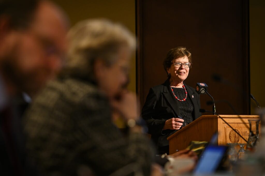 Rebecca Blank standing at a podium and speaking