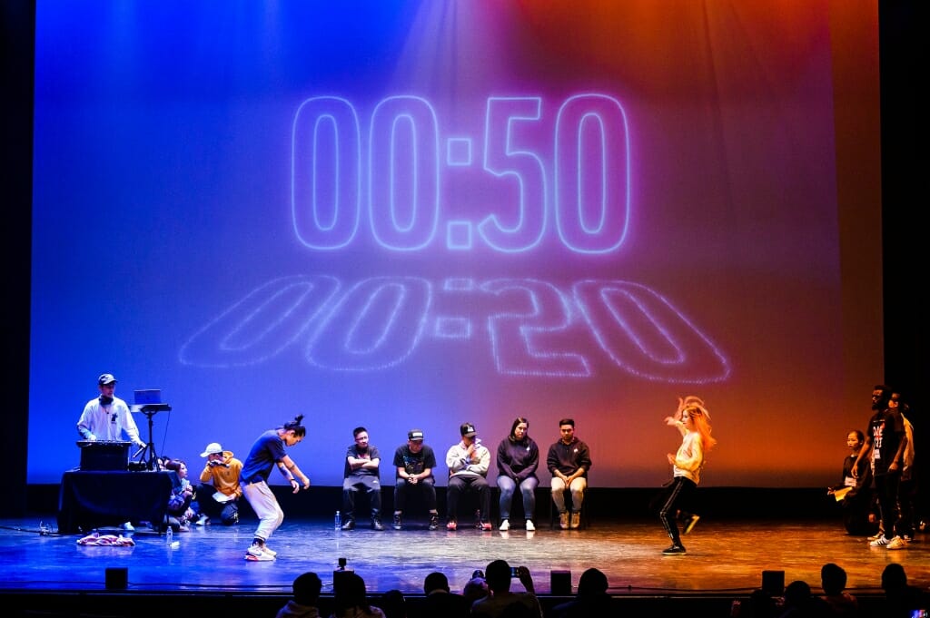 A group of dancers sit watching two others dance.