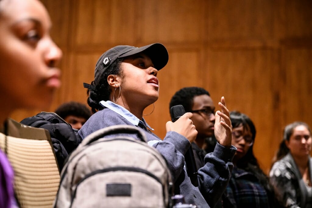 Evan Lewis, a graduate student in the Department of Afro-American Studies and native of Durham, N.C., asks about keynote speaker Pierce Freelon's experience in 2017 running for mayor of the City of Durham.