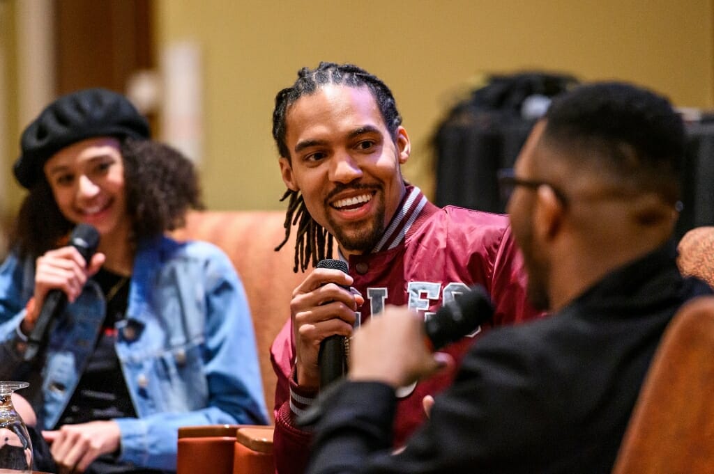 Freelon talks with student moderators Chelsea Hylton and Nile Lasana.