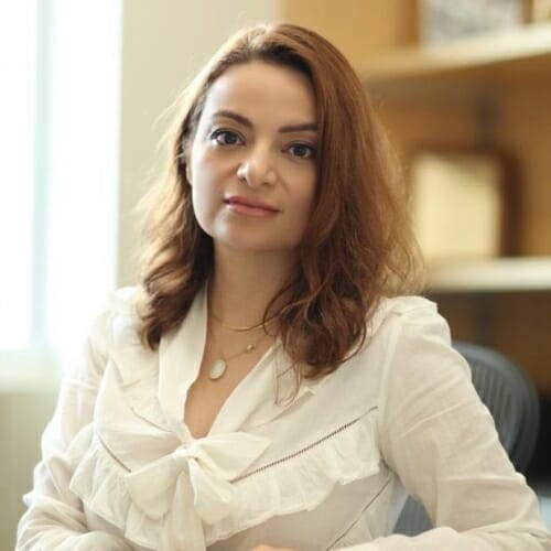 Portrait of Feyza Engin sitting at a desk in front of a bookshelf