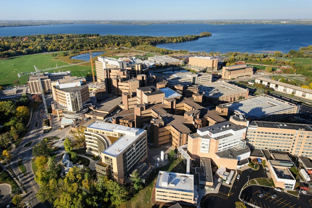 Aerial view of medical buildings including UW Hospital on west end of campus