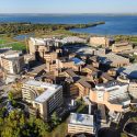 Aerial view of medical buildings including UW Hospital on west end of campus