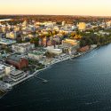 Aerial photo of campus and Lake Mendota.