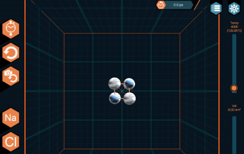 Screenshot of AtomTouch game showing four atoms on black background