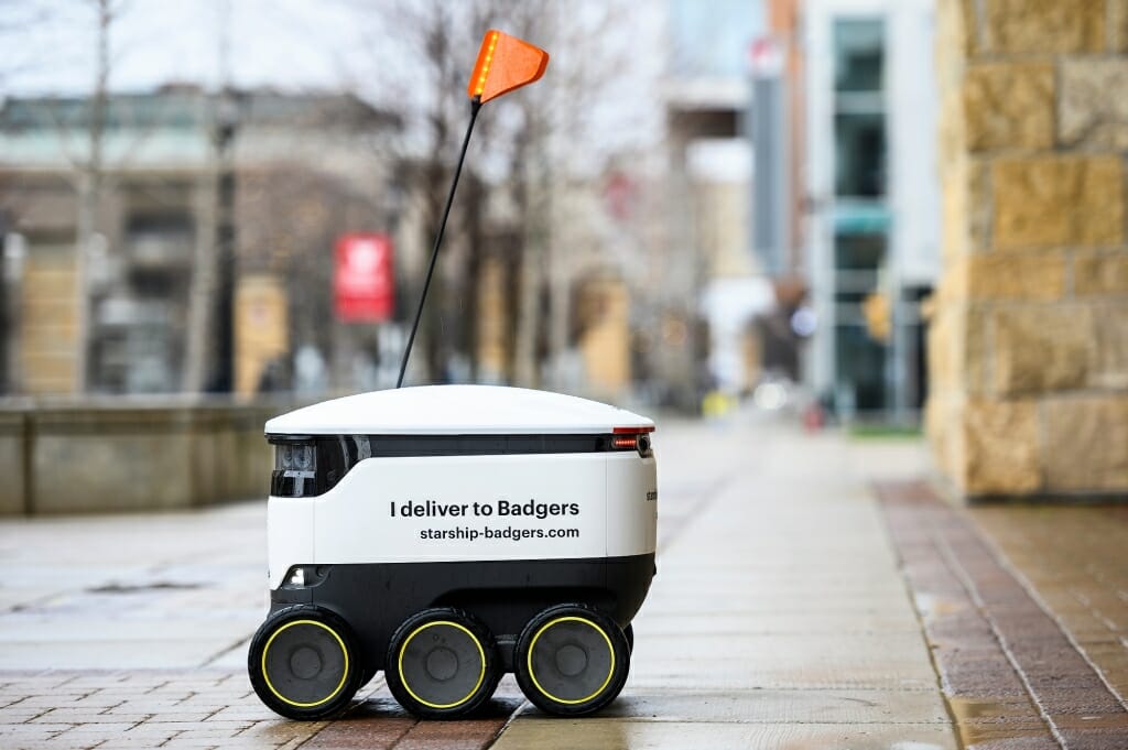 A robot pauses on campus