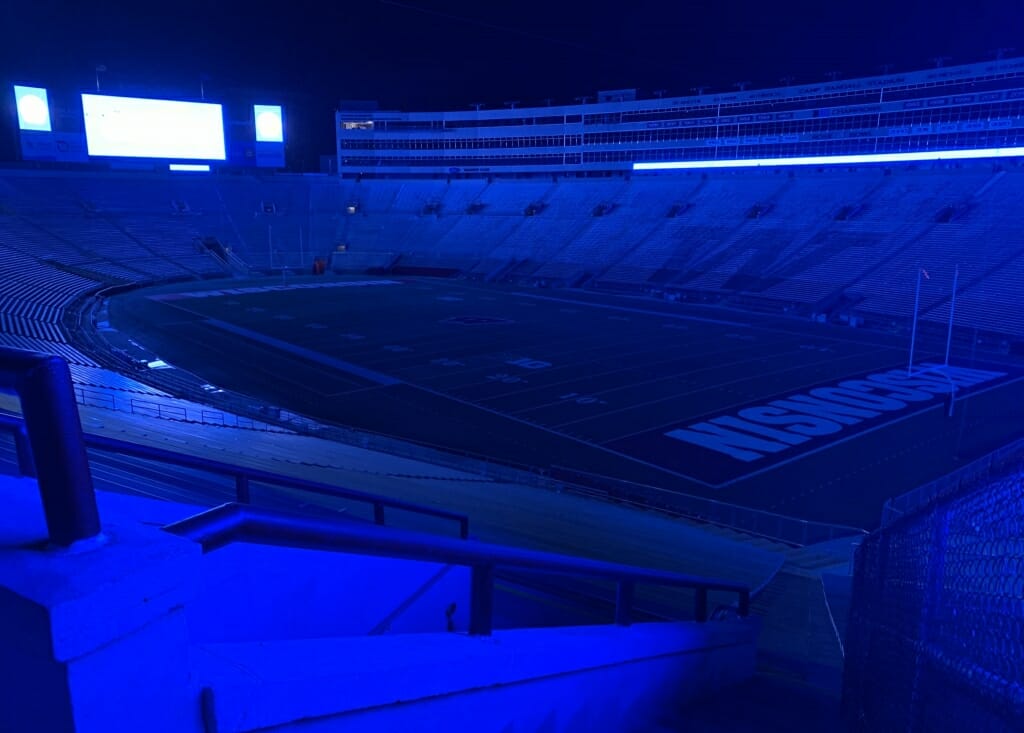 Camp Randall Stadium was empty Thursday night except for the blue light, which honored health-care workers during the pandemic.