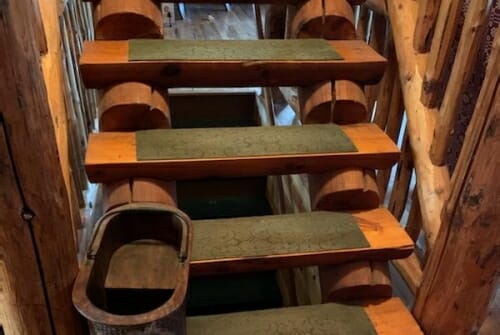 Dog sitting at the bottom of log stairway with rubber stair treads