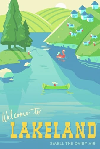 Title screen reading "Welcome to Lakeland" showing a canoe on a lake surrounded by hills