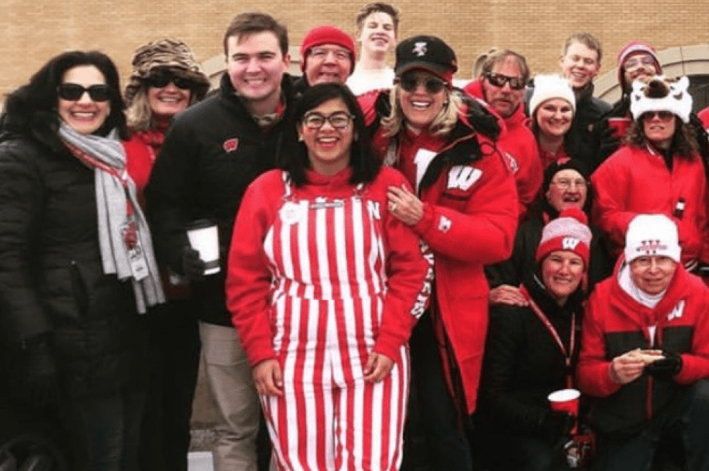 A group of people at a Badger football game.