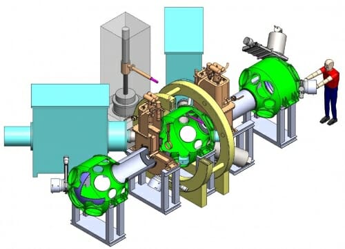 Illustration of a person standing at the end. of a large cylindrical machine about the size of a car