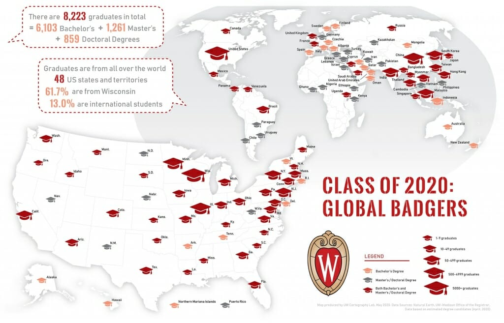 A map-based infographic showing the geographic distribution of members of the class of 2020.