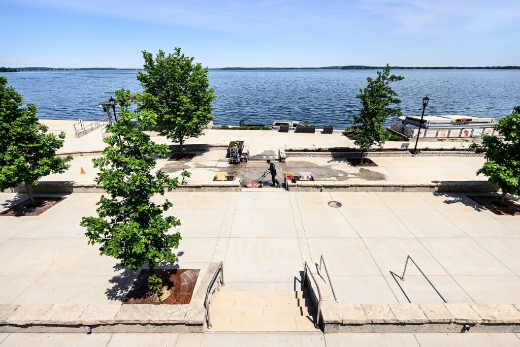 The Terrace is pictured almost empty, except for a lone worker.