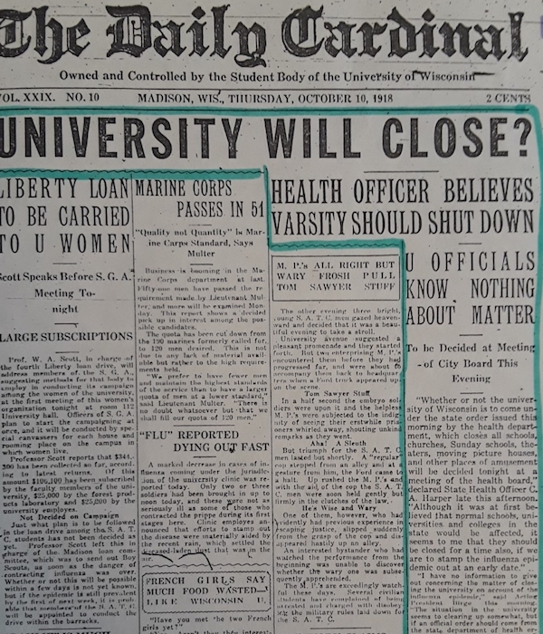 Newspaper headline "UNIVERSITY WILL CLOSE? HEALTH OFFICER BELIEVES VARSITY SHOULD SHUT DOWN, U OFFICIALS KNOW NOTHING ABOUT MATTER"