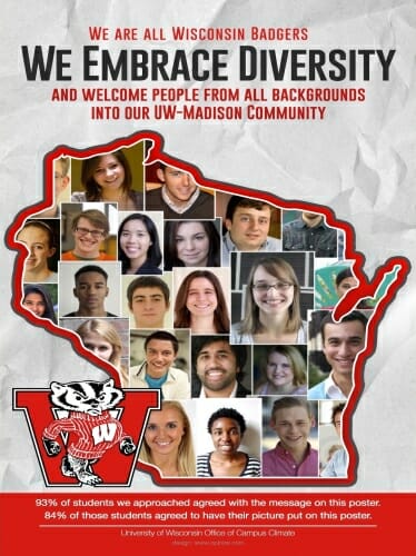 Individual photos of a diverse group of students superimposed on a map of Wisconsin with Bucky Badger in the corner