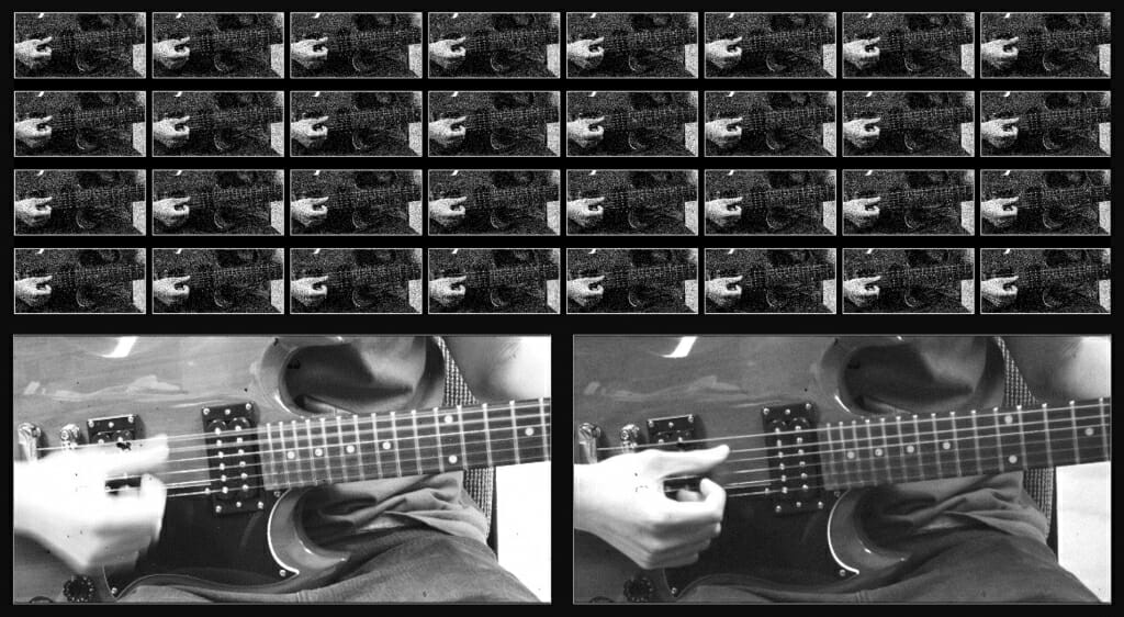 Four rows of images of hand strumming guitar string, larger frame of strumming hand blurred, larger frame of hand in focus