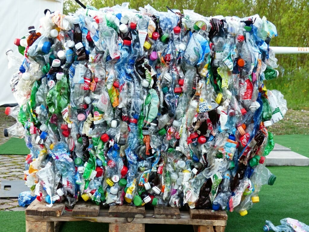 A bale of crushed plastic bottles