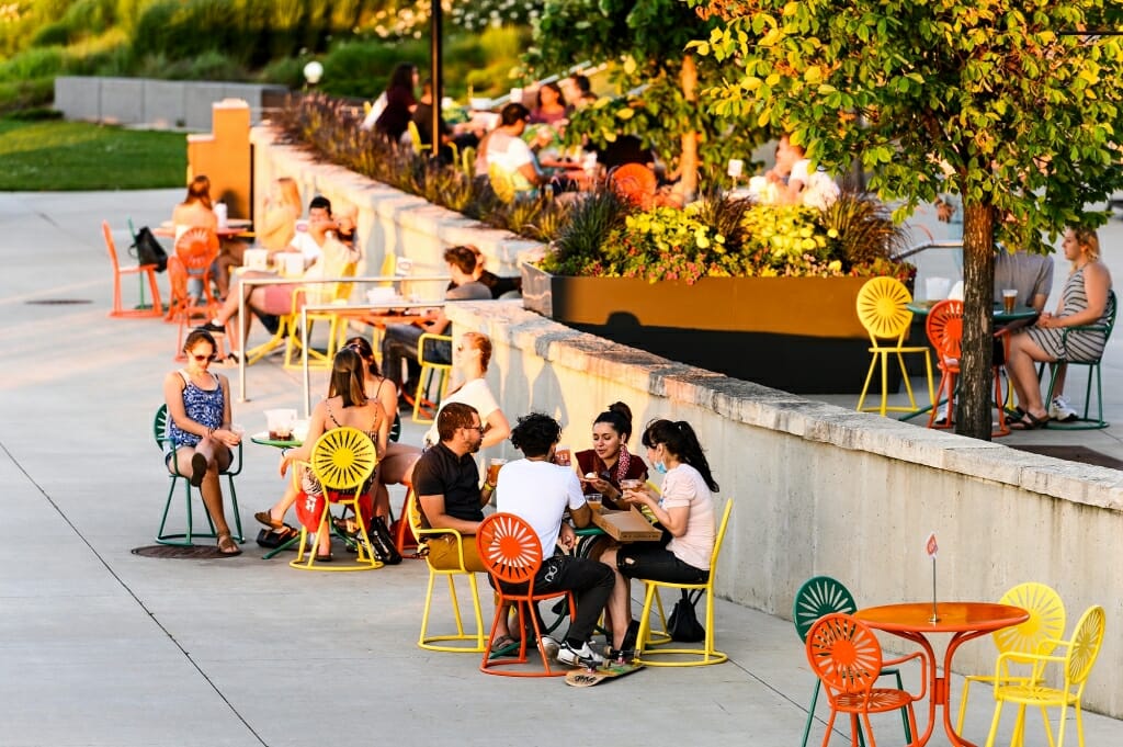 Tables are pictured physically distanced from each other on the Terrace.