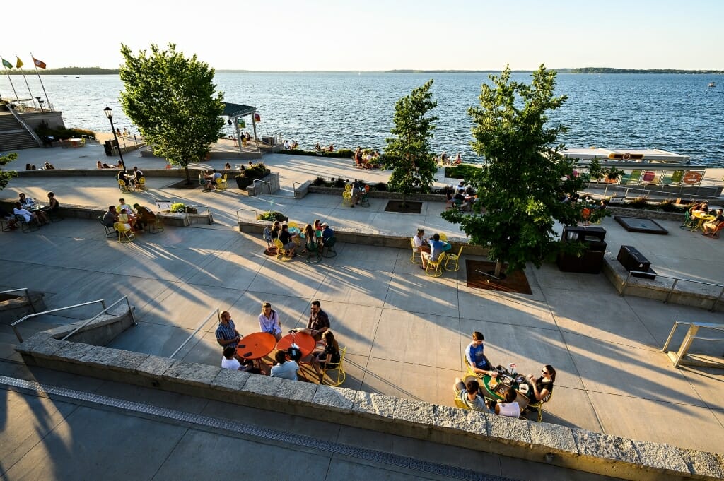 A look at distanced Terrace tables from above.