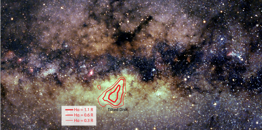 Milky Way with tilted disk outlined in red