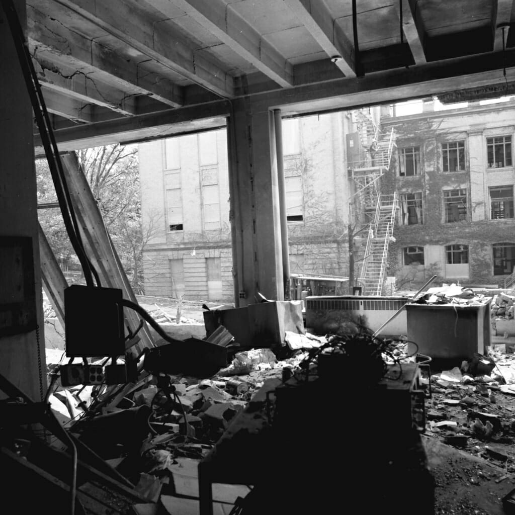 Interior of Sterling Hall with bomb damage and blown out windows