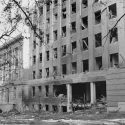 Exterior of Sterling Hall with windows blown out