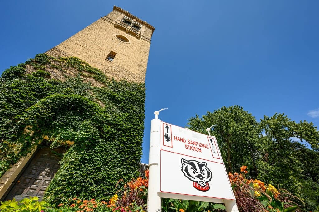 One of many Smart Restart health and safety initiatives, a hand-sanitizer pump and refill station is available outside in front of the Carillon Tower.