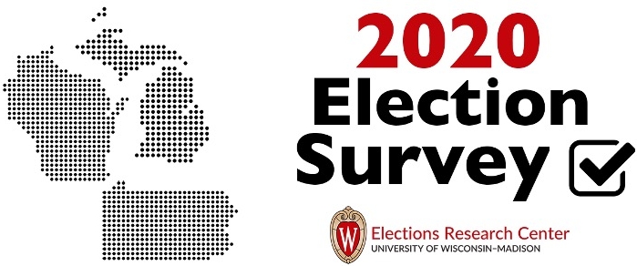 Outline maps of Wisconsin, Michigan and Pennsylvania with title 2020 Election Survey and ERC logo