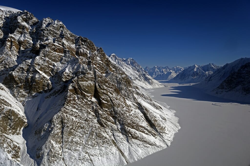 View of a frozen fjord and glacier