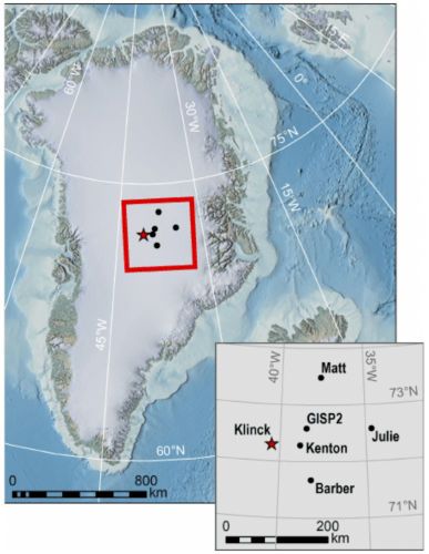 Map of Greenland with inset showing Klinck and nearby stations