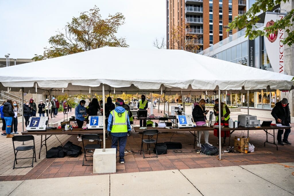 Tents were set up for voting on East Campus Mall (pictured), at Memorial Union and at Union South.