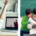 Student raising hand in classroom and a group of students looking at a book