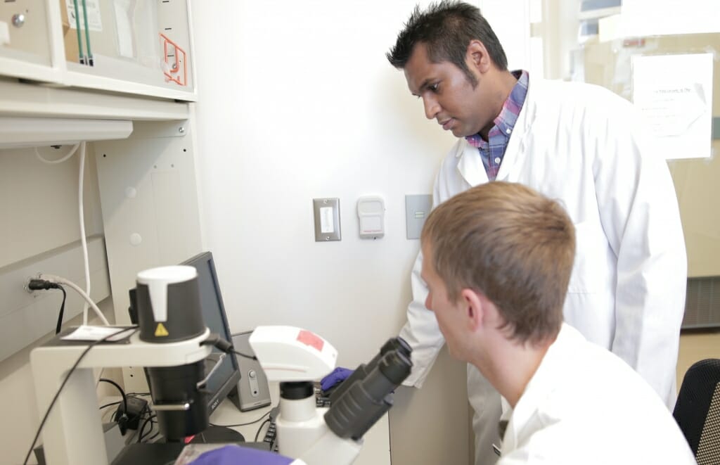 Saha standing next to unidentified person sitting at microscope 