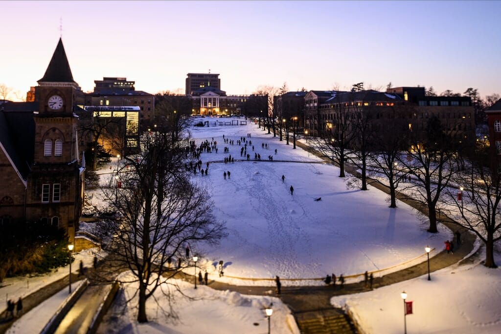 View of snow-covered Bascom Hill