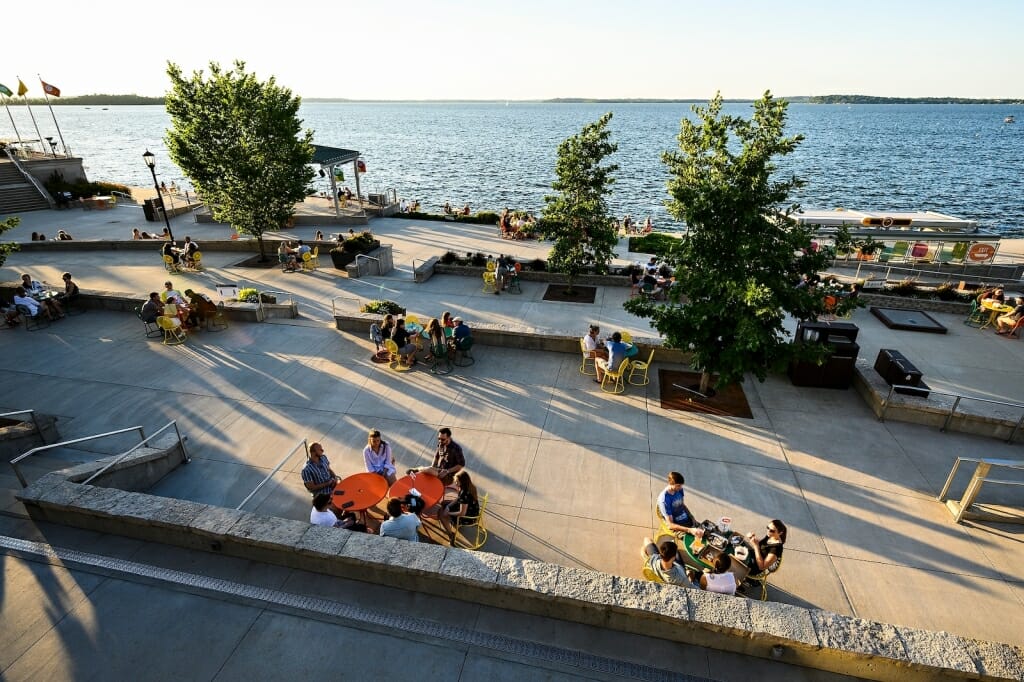 Memorial Union Terrace with people sitting at tables