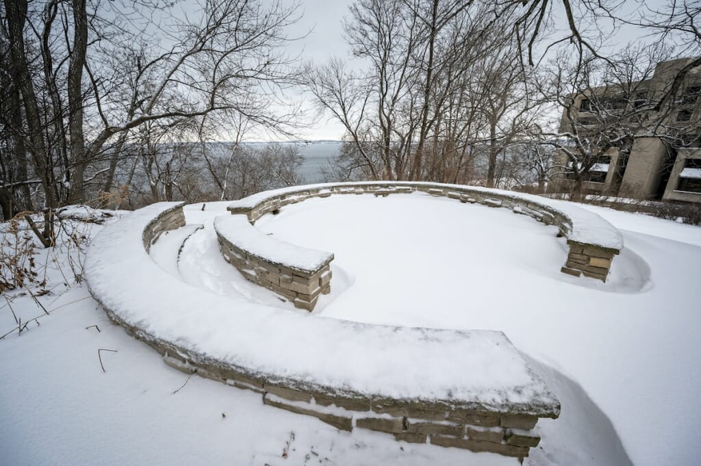 Snow covered storyteller's circle